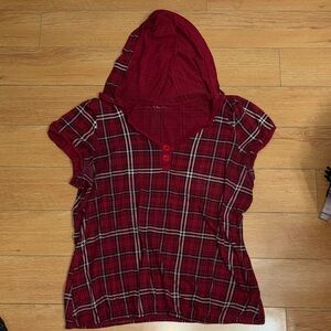 Red Plaid Hooded Short-Sleeve Top